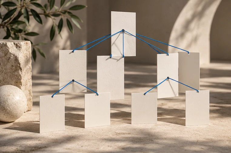 A connected network of paper pages linked with fine blue cords