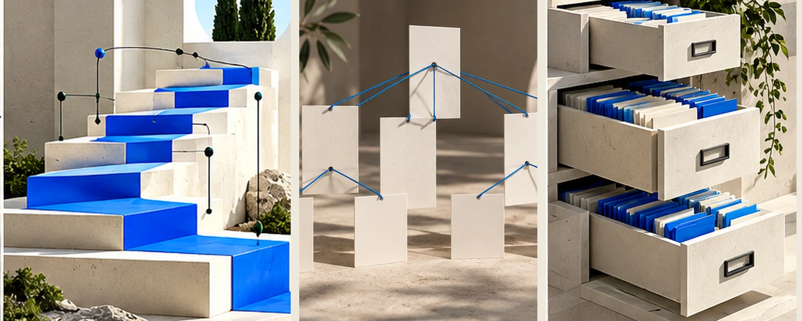 A sunlit sequence of architectural structures and connected diagrams